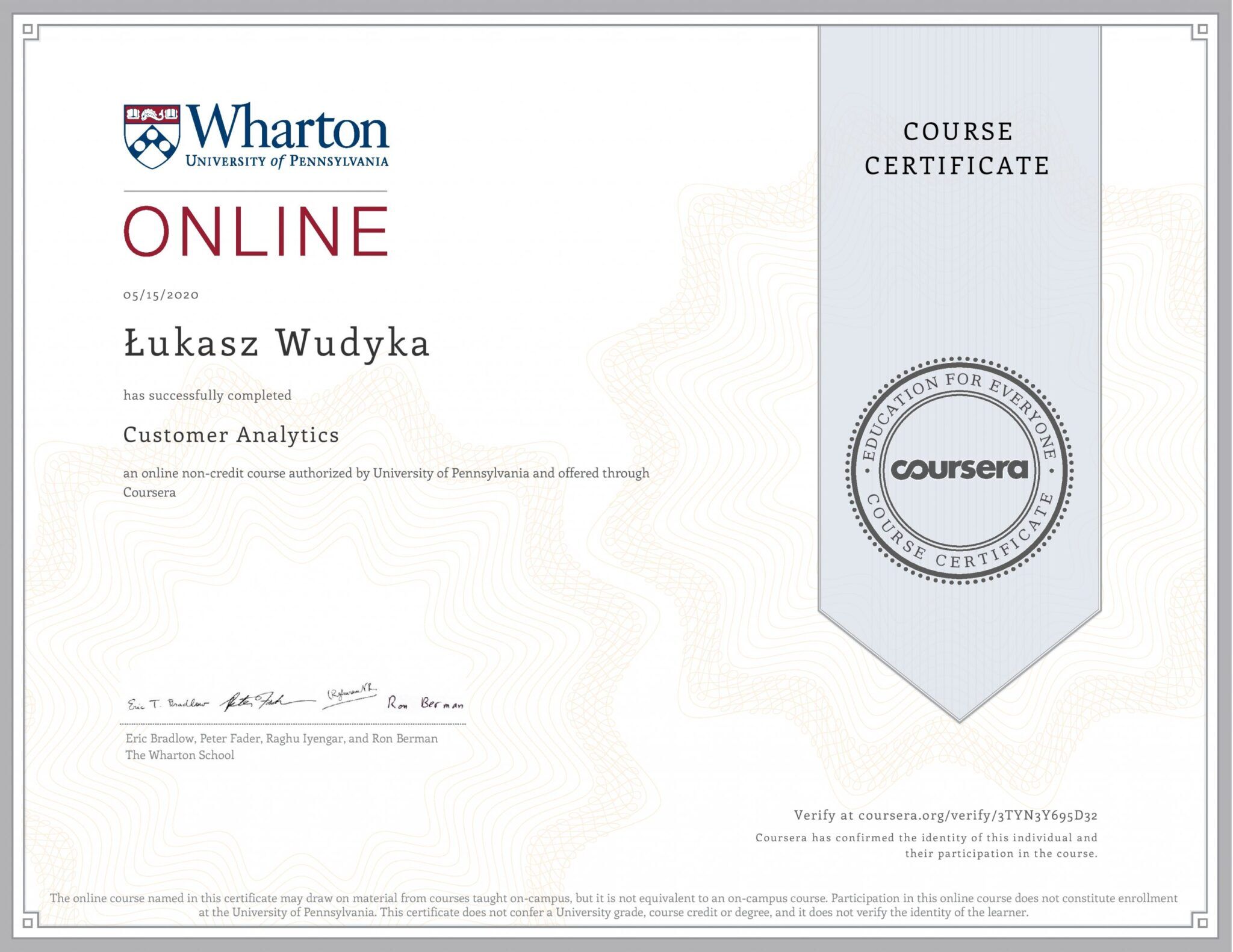 Łukasz Wudyka certyfikat Coursera - Feature Analytics - Wharton University of Pennsylvania