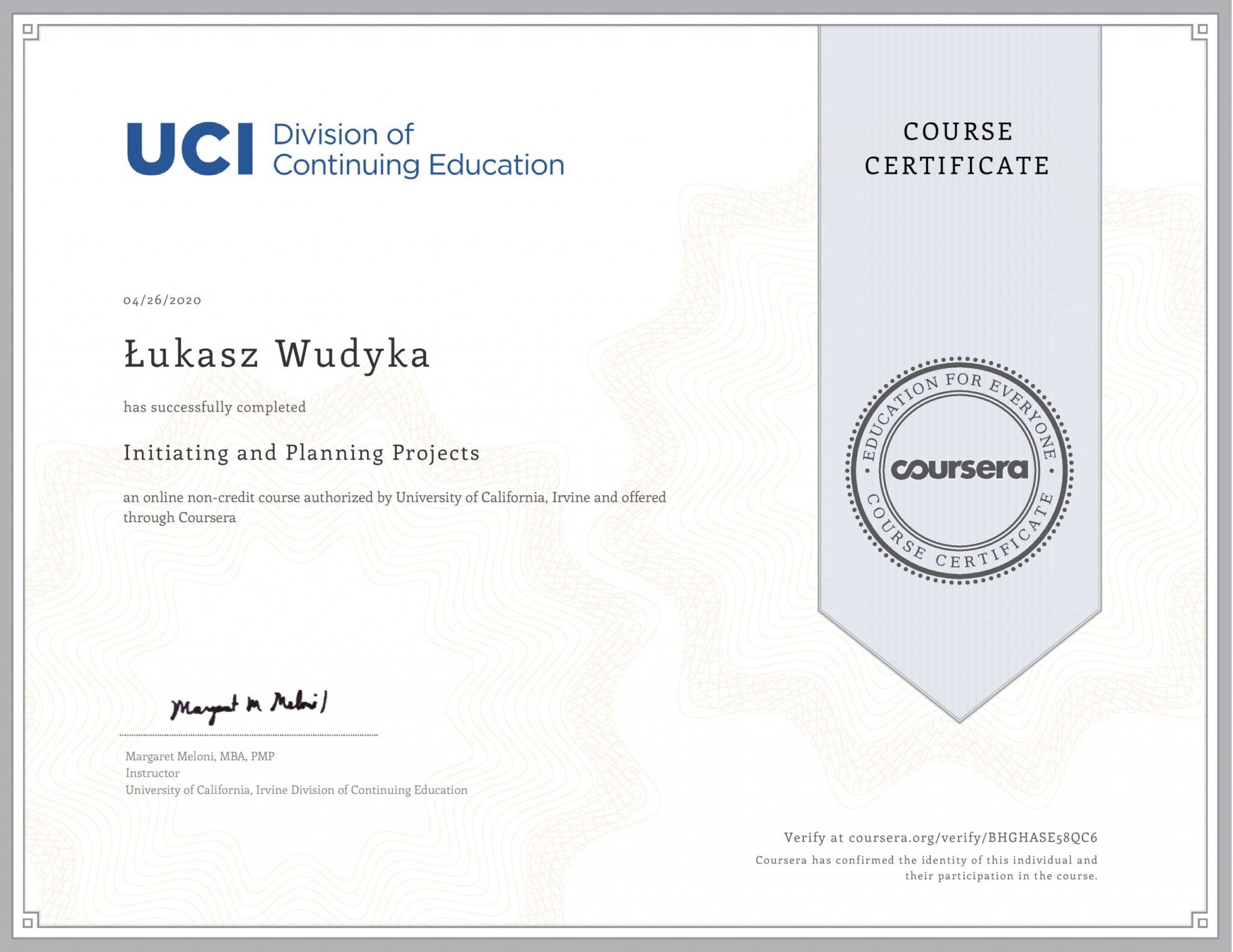 Łukasz Wudyka certyfikat Coursera - Initiating and Planning Projects - UCI