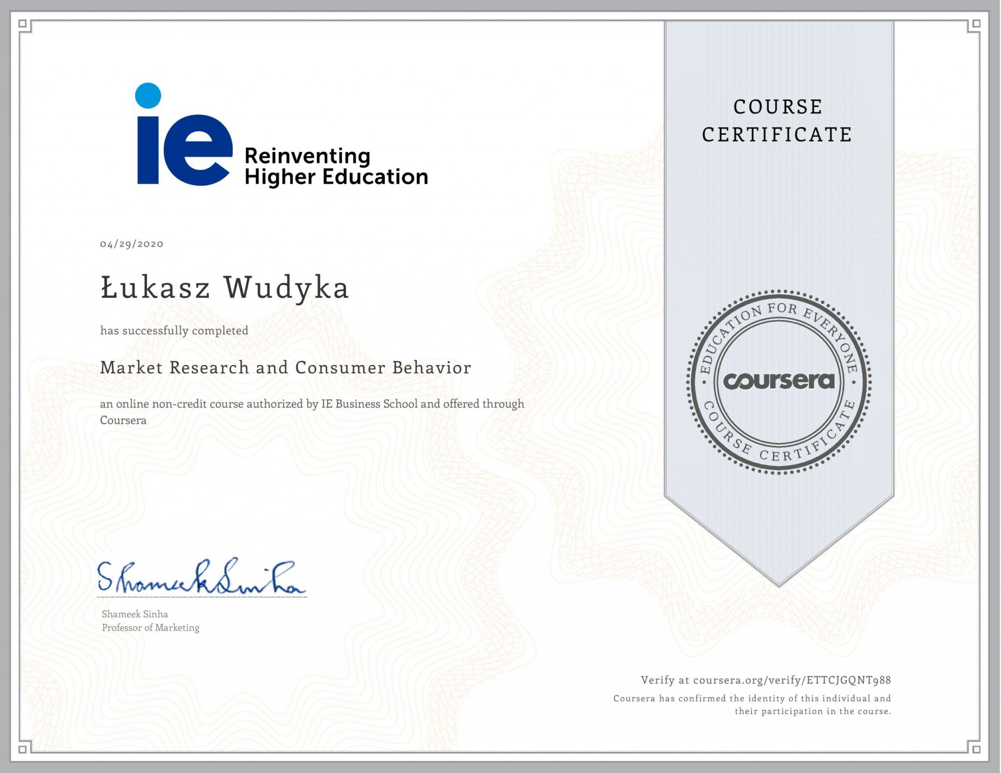 Łukasz Wudyka certyfikat Coursera - Market Reaserch and Consumer Behavior - IE