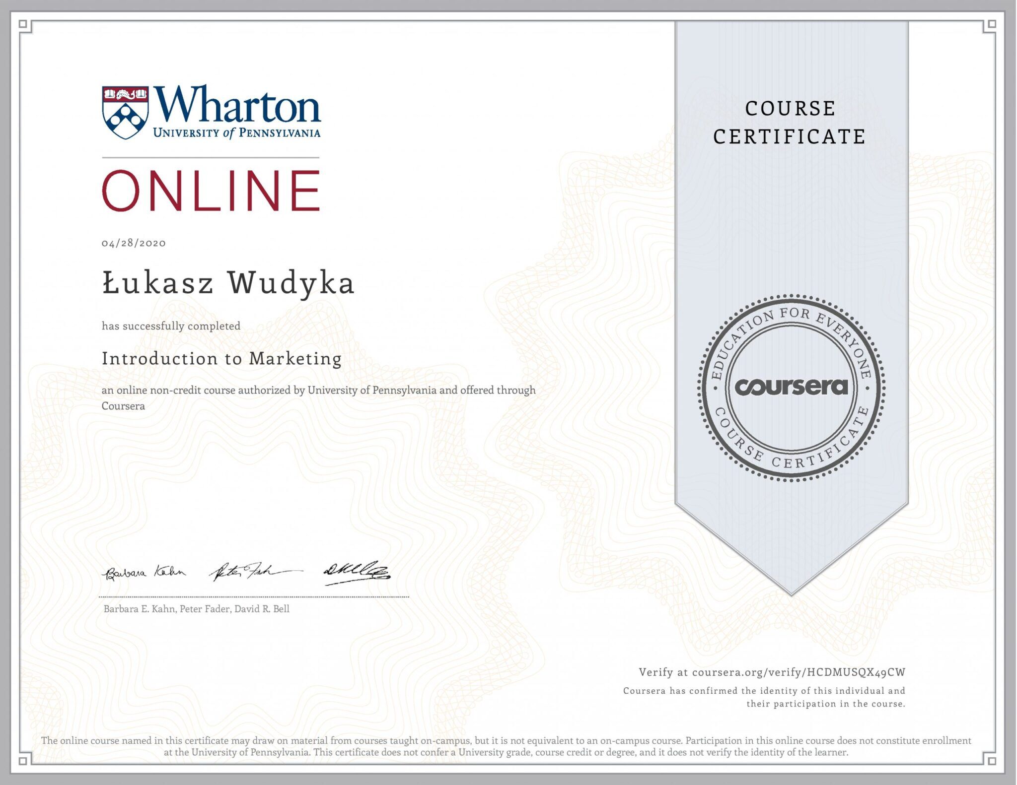 Łukasz Wudyka certyfikat Coursera - Introduction to Marketing - Wharton Univerrsity of Pennsylvania