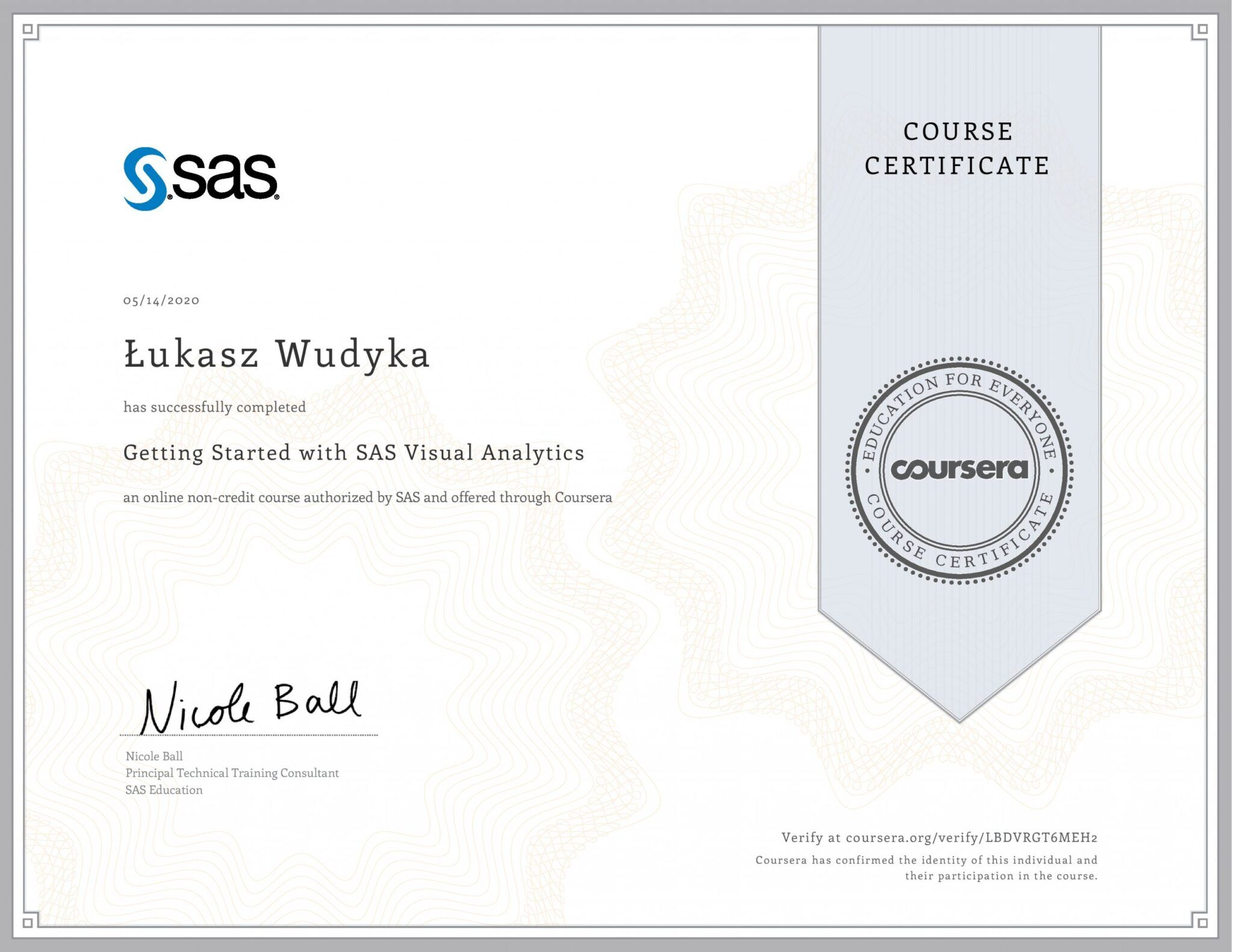 Łukasz Wudyka certyfikat Coursera - Getting Started with SAS Visual Analytics -SAS