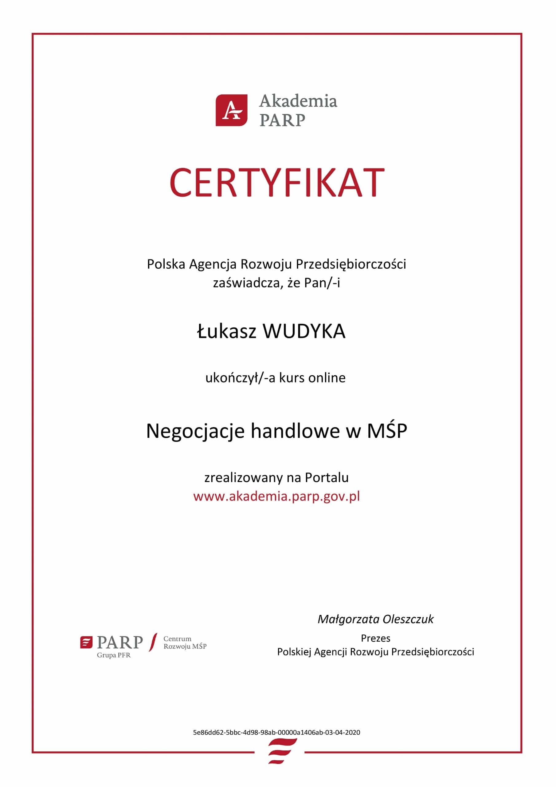 Łukasz Wudyka certyfikat Negocjacje handlowe w MŚP - Akademia PARP