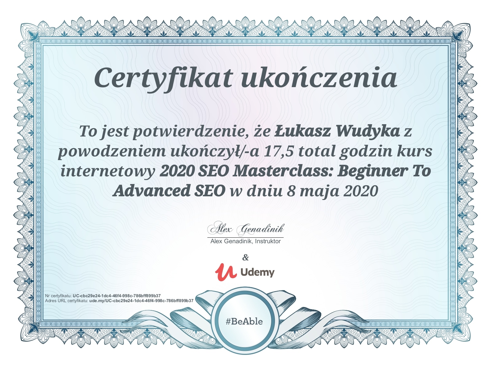Łukasz Wudyka certyfikat UDEMY - 2020 SEO Masterclass: Beginner to Advanced SEO