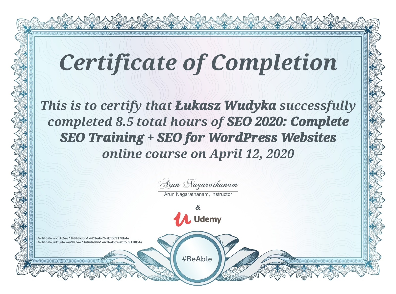 Łukasz Wudyka certyfikat UDEMY - SEO 2020: Complete SEO Trening + SEO for WordPress Websites