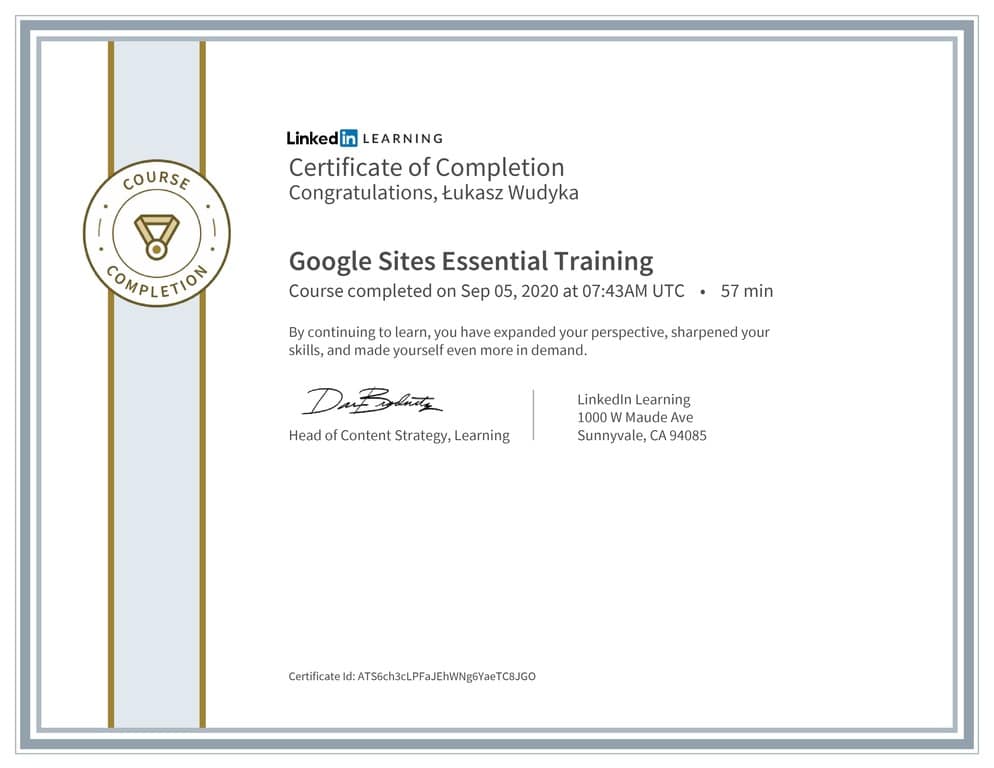 Łukasz Wudyka certyfikat LinkedIn Google Sites Essential Training