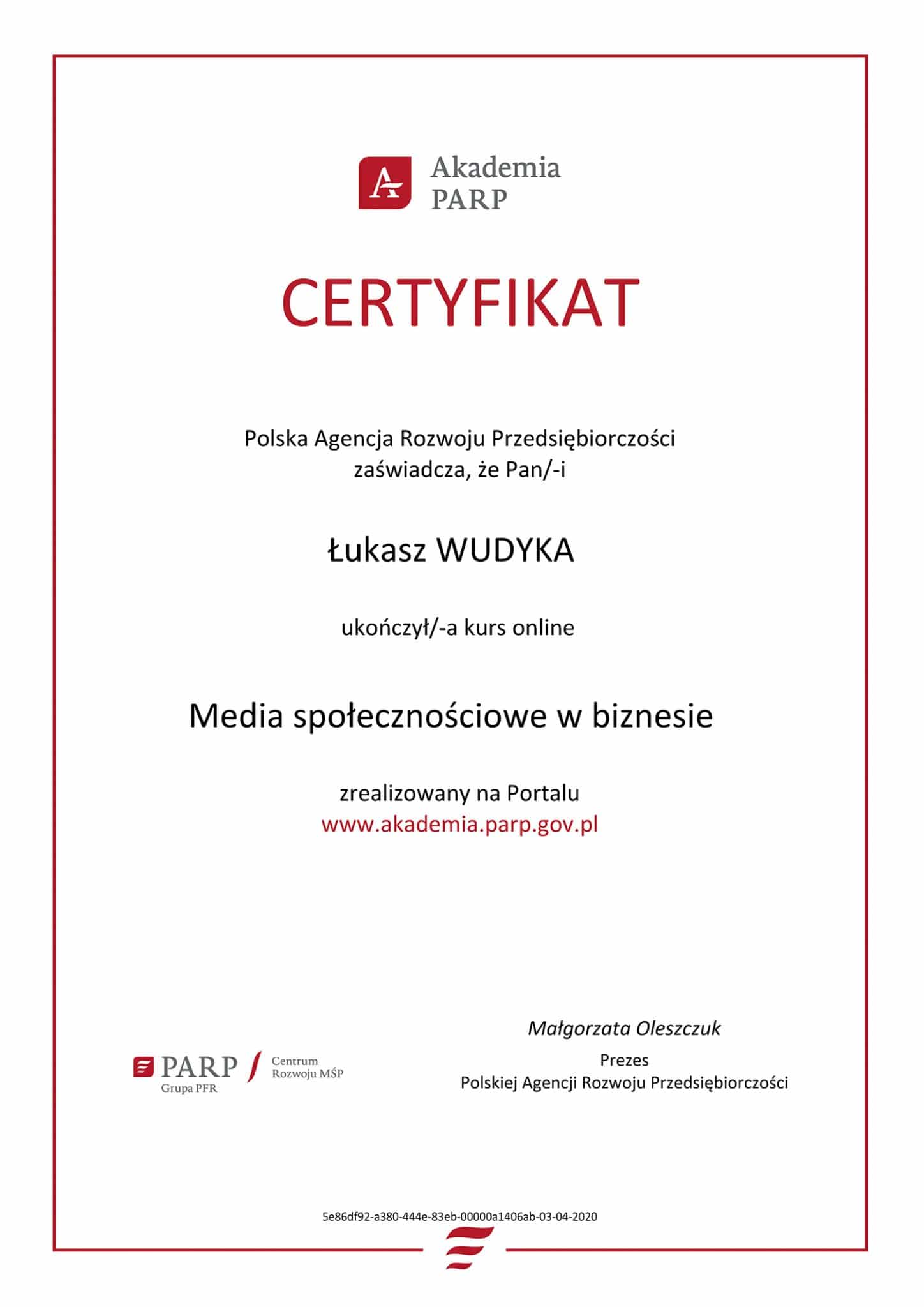 Certyfikat PARP media społecznościowe