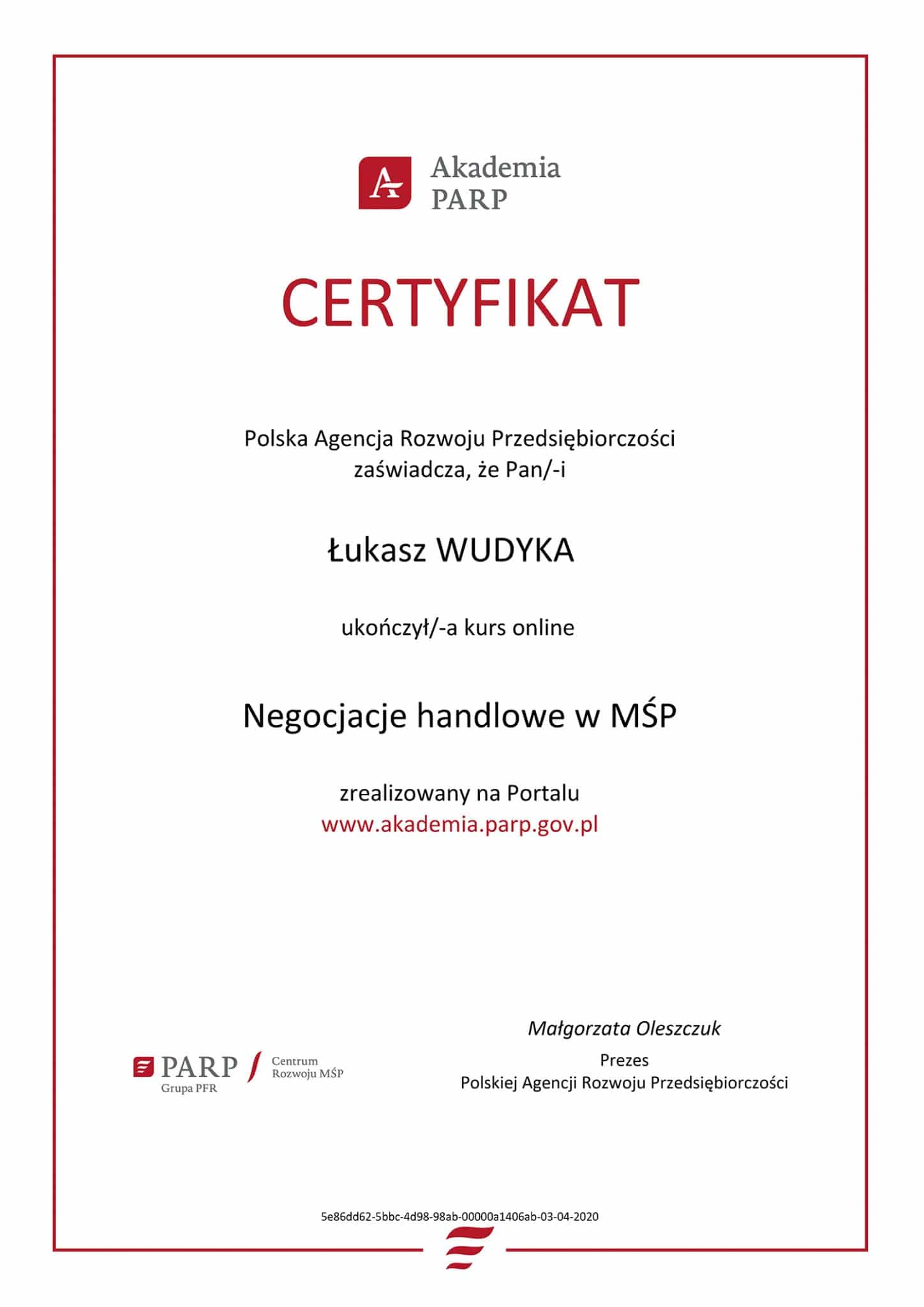 Certyfikat PARP negocjacje handlowe