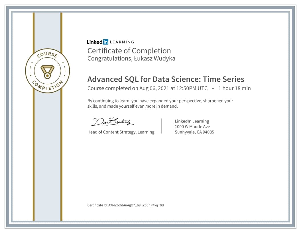 Łukasz Wudyka certyfikat - Advanced SQL for Data Science Time Series