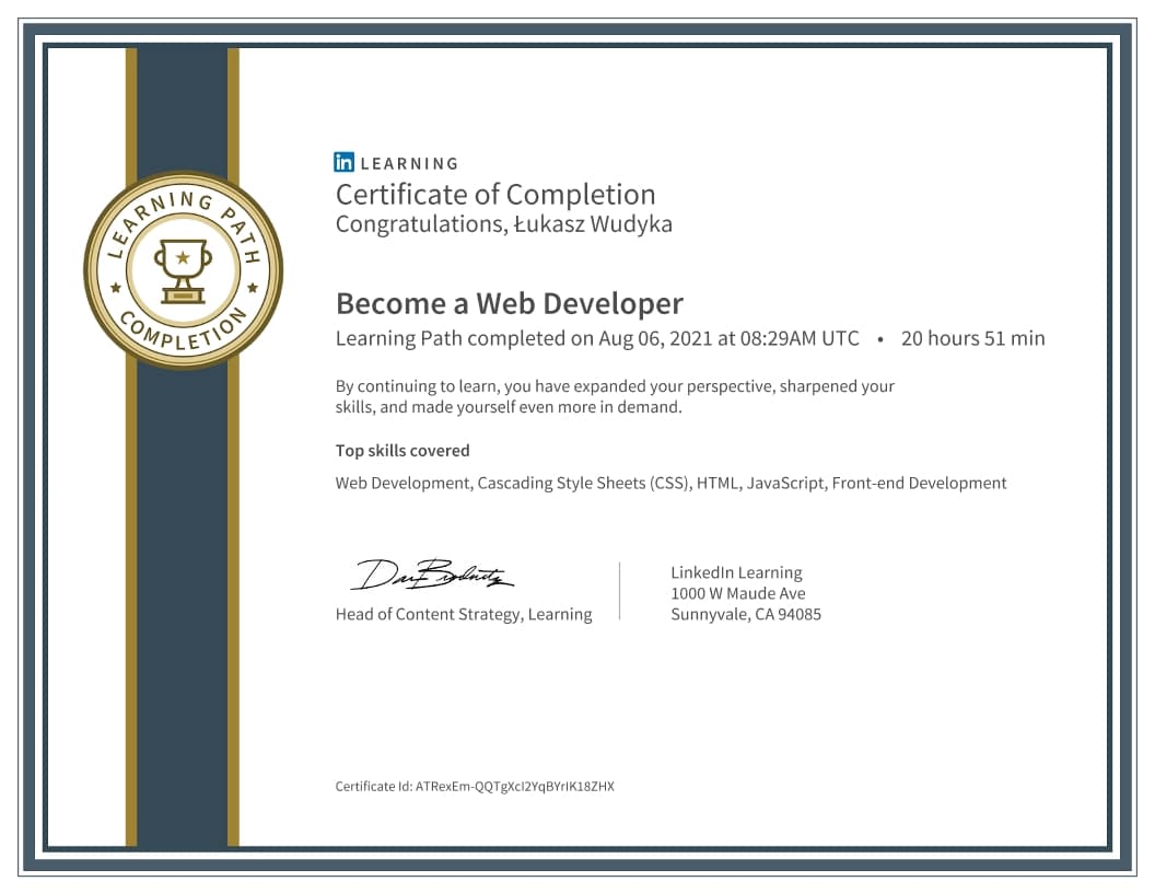 Łukasz Wudyka certyfikat - Become a Web Developer