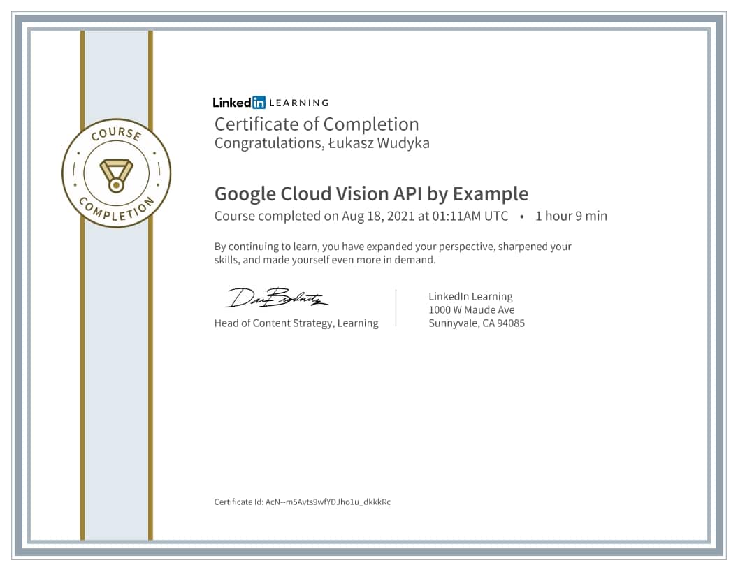Łukasz Wudyka certyfikat - Google Cloud Vision API by Example