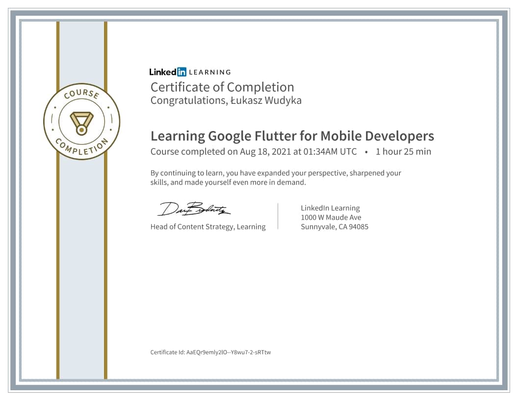 Łukasz Wudyka certyfikat - Learning Google Flutter for Mobile Developers