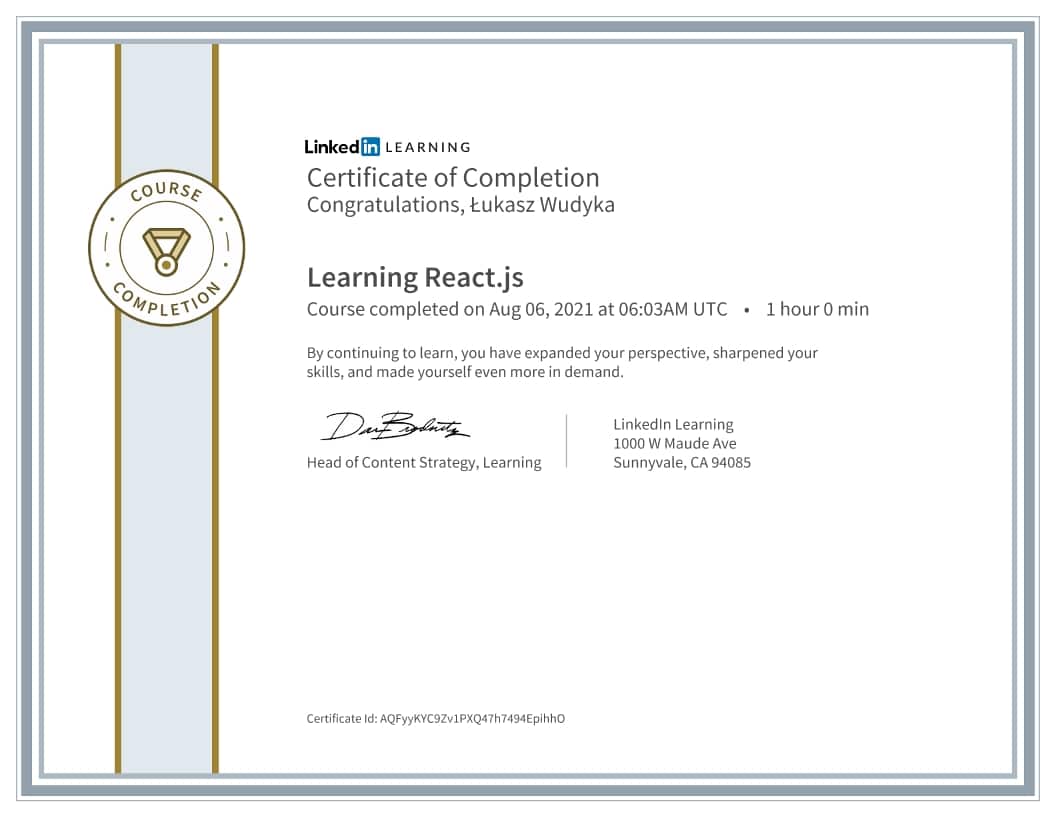 Łukasz Wudyka certyfikat - Learning React.js
