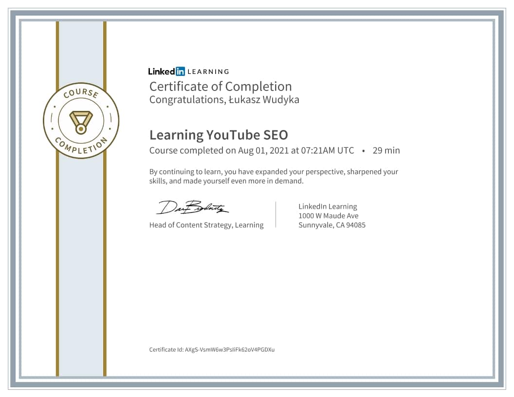 Łukasz Wudyka certyfikat - Learning YouTube SEO