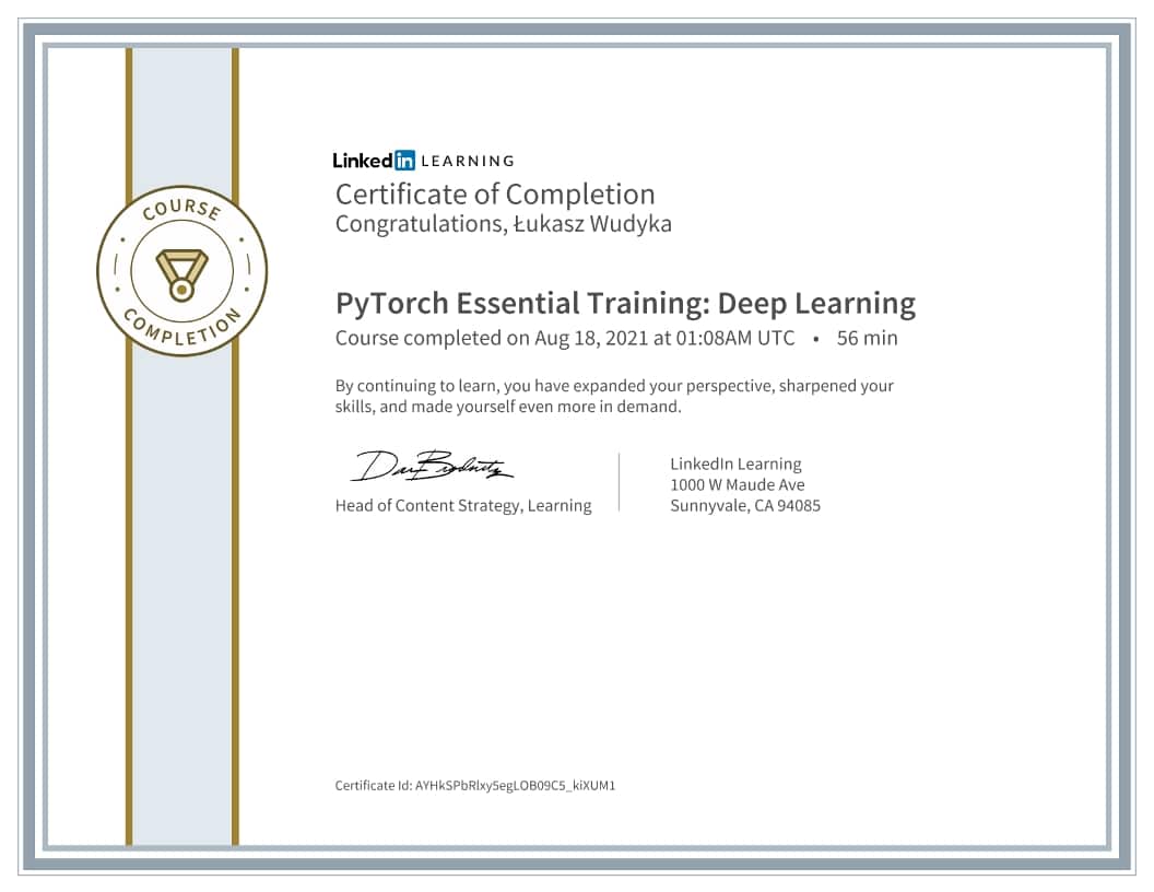 Łukasz Wudyka certyfikat - PyTorch Essential Training Deep Learning