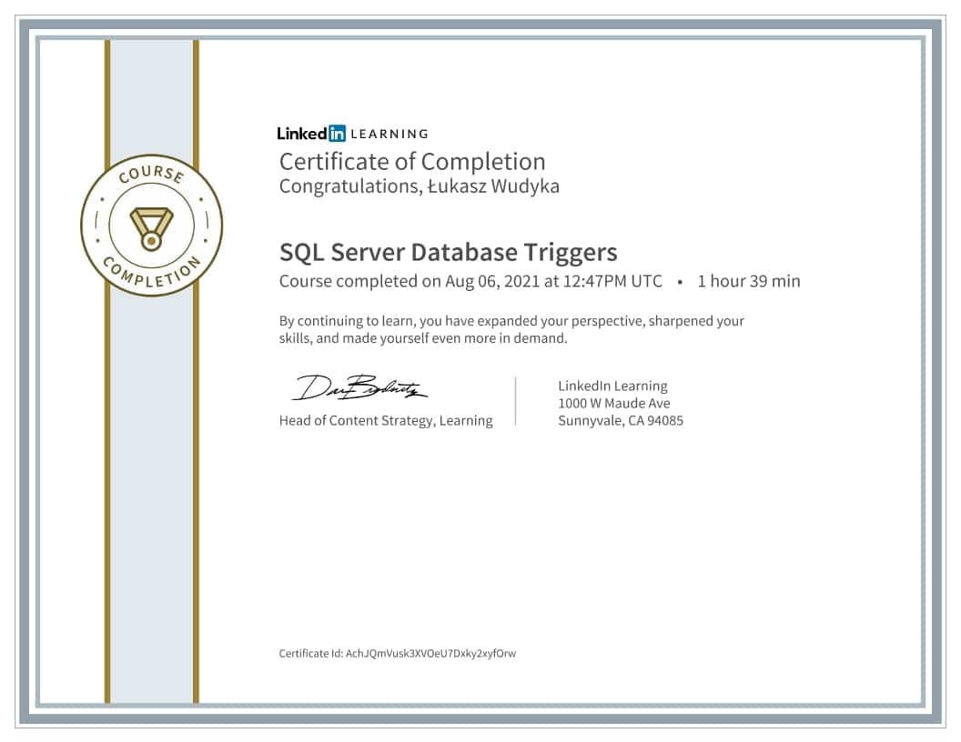 Łukasz Wudyka certyfikat - SQL Server Database Triggers