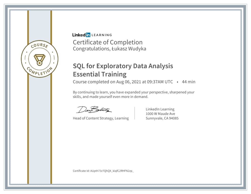 Łukasz Wudyka certyfikat - SQL for Exploratory Data Analysis Essential Training