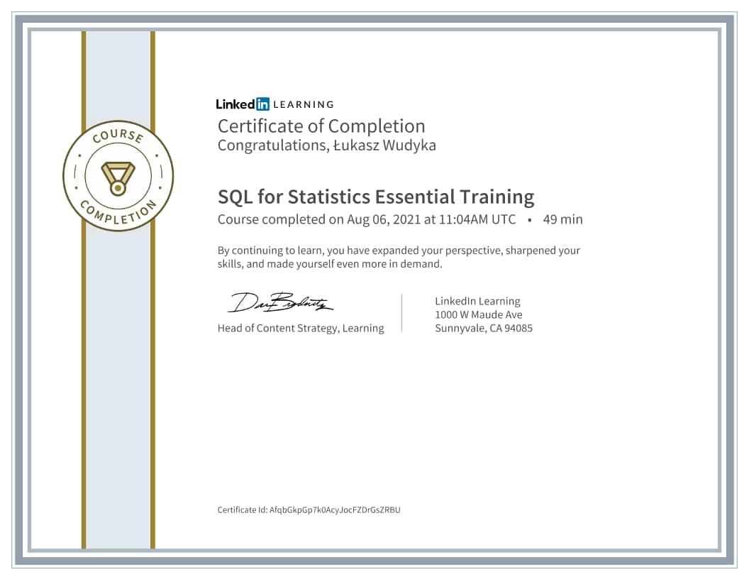 Łukasz Wudyka certyfikat - SQL for Statistics Essential Training