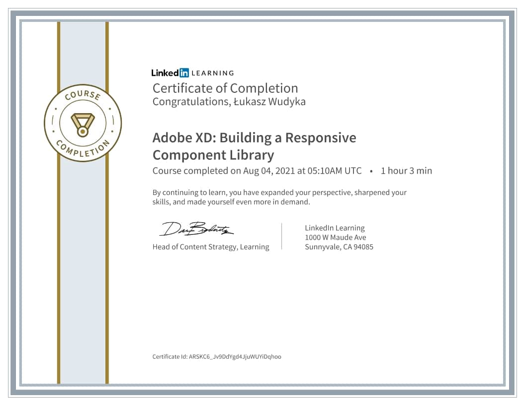 Łukasz Wudyka certyfikat - Adobe XD Building a Responsive Component Library