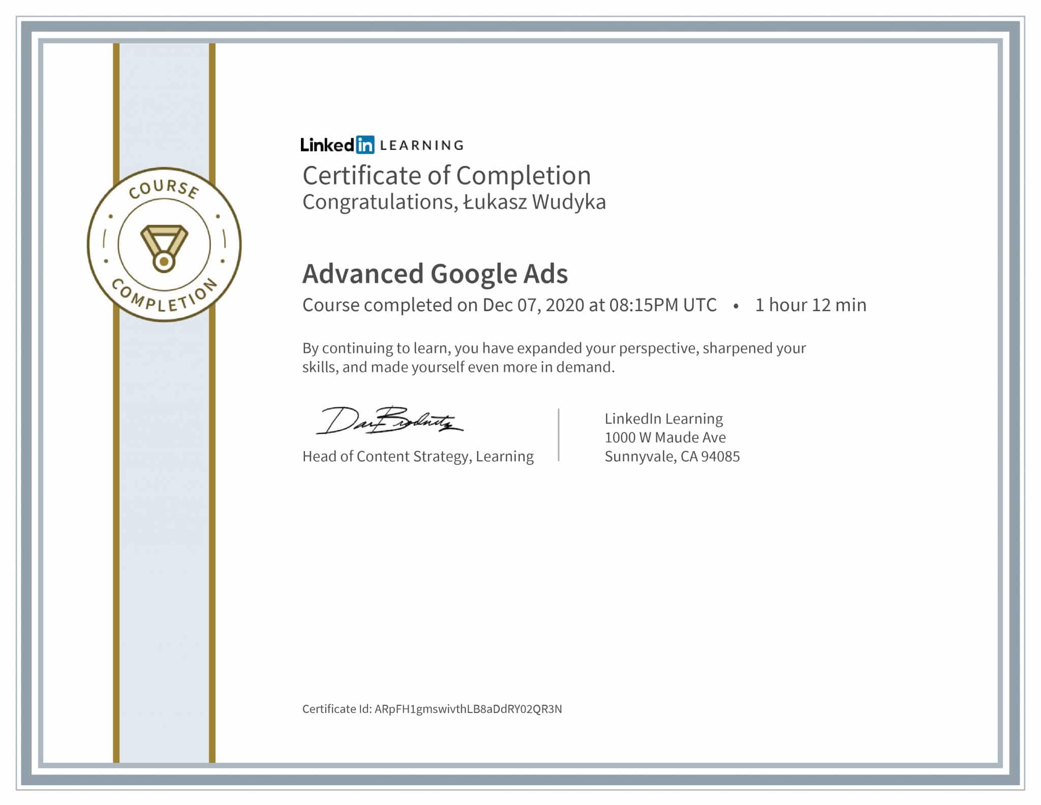 Łukasz Wudyka certyfikat - Advanced Google Ads