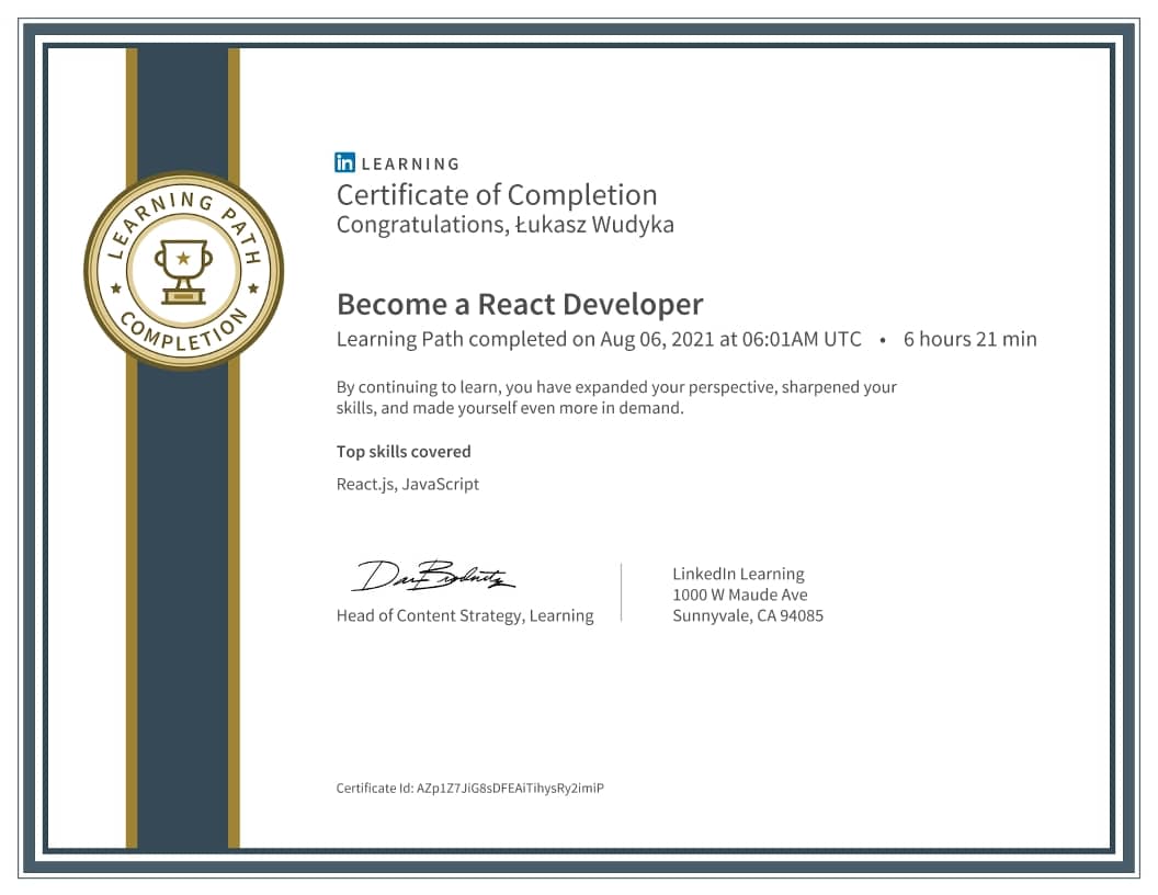Łukasz Wudyka certyfikat - Become a React Developer
