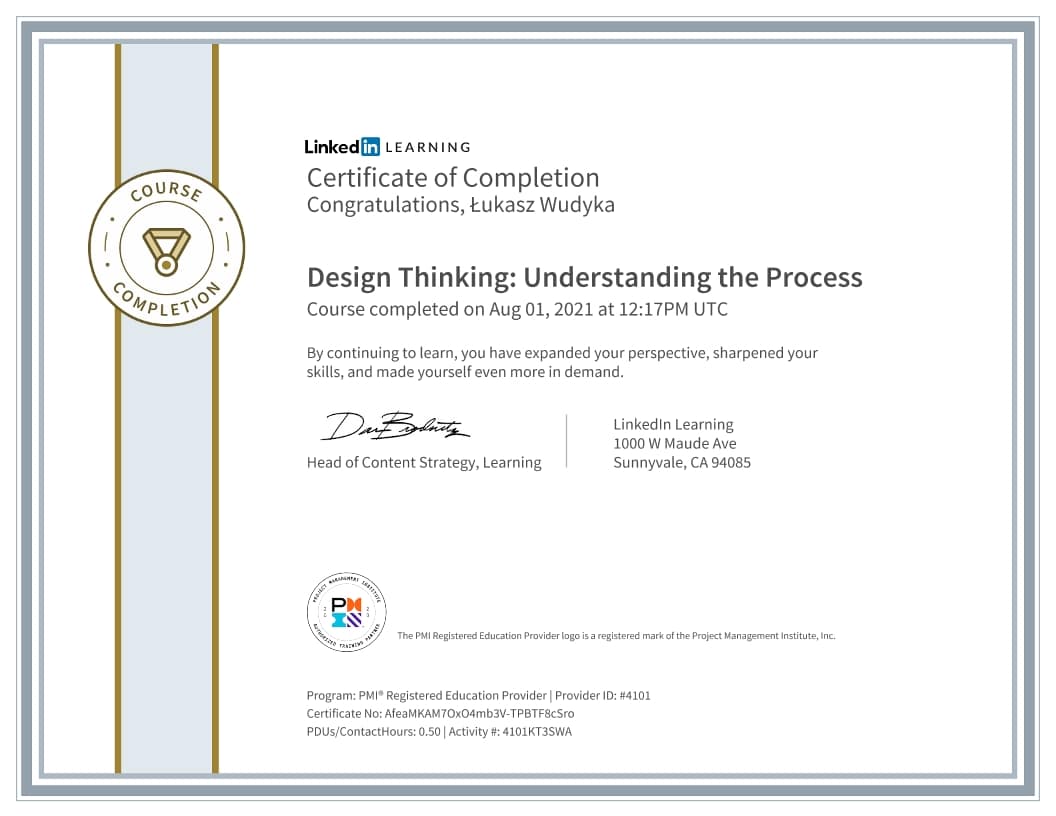 Łukasz Wudyka certyfikat - Design Thinking Understanding the Process 2