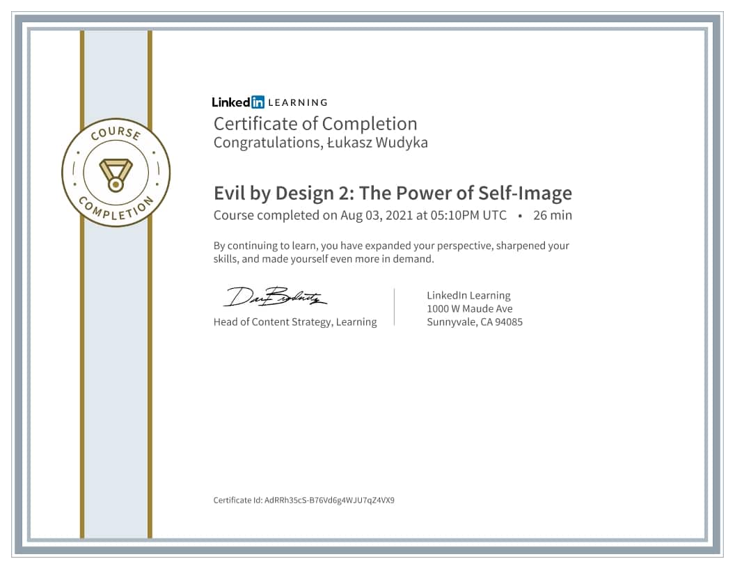 Łukasz Wudyka certyfikat - Evil by Design 2 The Power of SelfImage