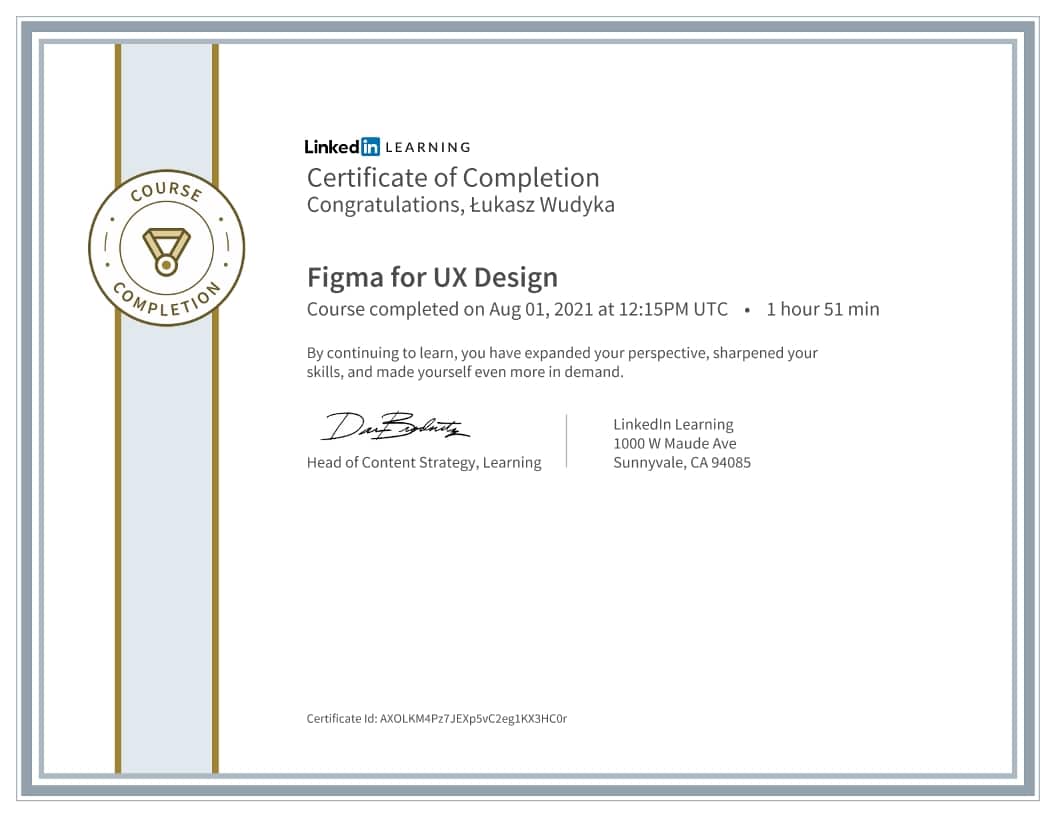 Łukasz Wudyka certyfikat - Figma for UX Design