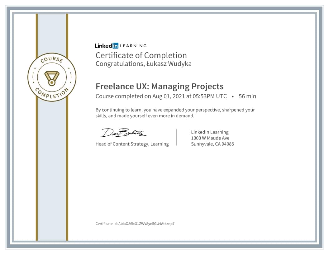 Łukasz Wudyka certyfikat - Freelance UX Managing Projects
