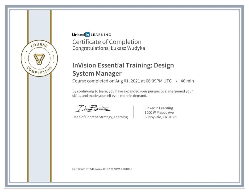 Łukasz Wudyka certyfikat - InVision Essential Training Design System Manager