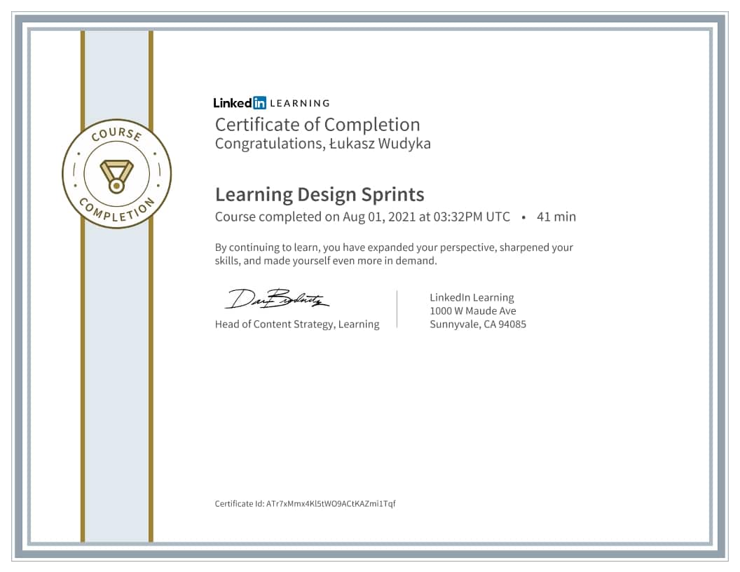 Łukasz Wudyka certyfikat - Learning Design Sprints