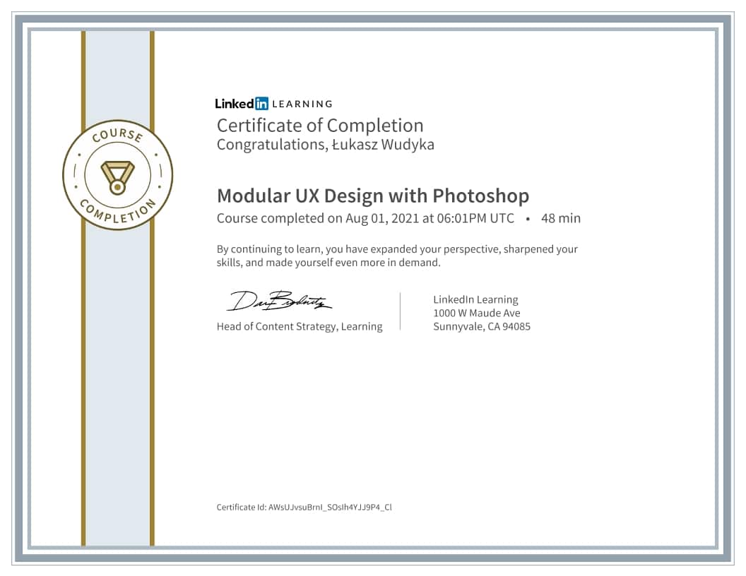 Łukasz Wudyka certyfikat - Modular UX Design with Photoshop