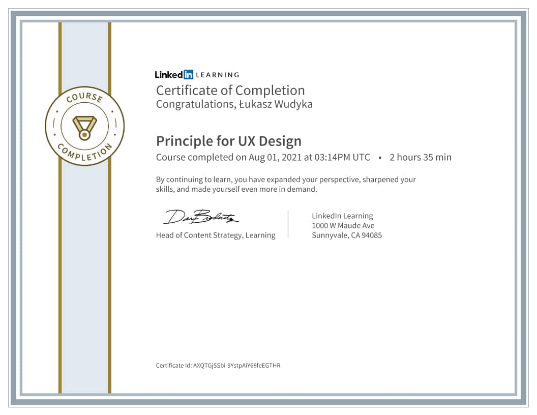 Łukasz Wudyka certyfikat - Principle for UX Design