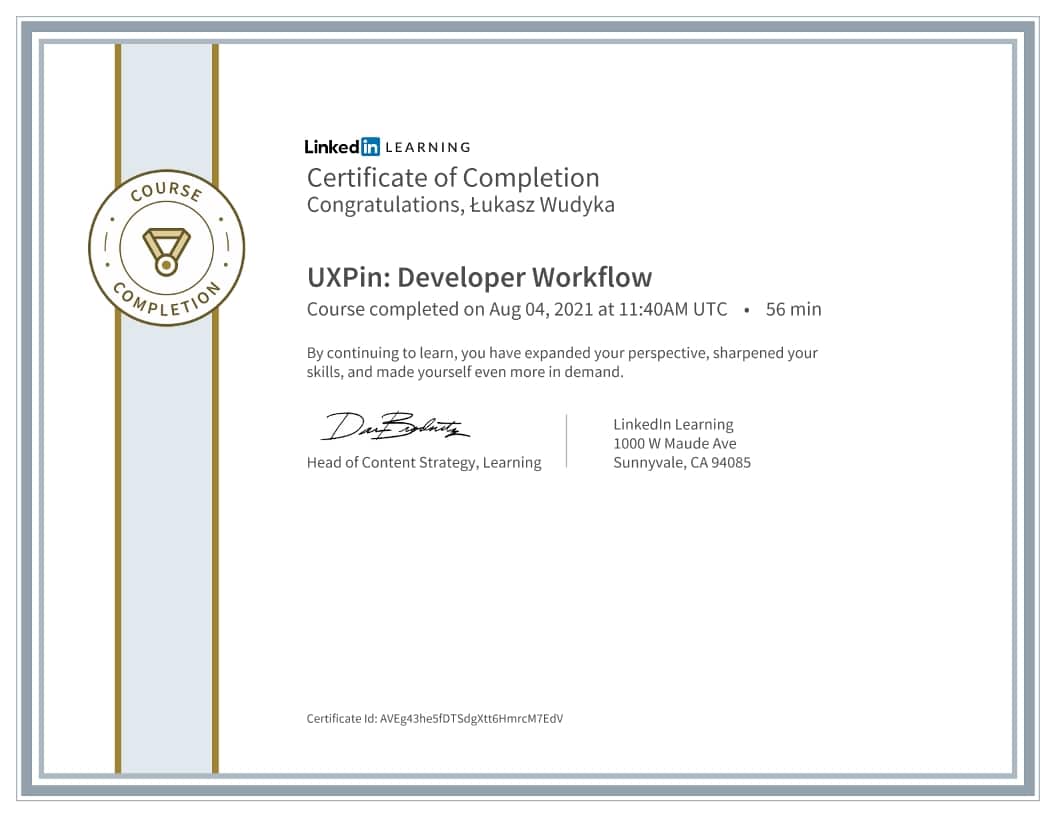 Łukasz Wudyka certyfikat - UXPin Developer Workflow