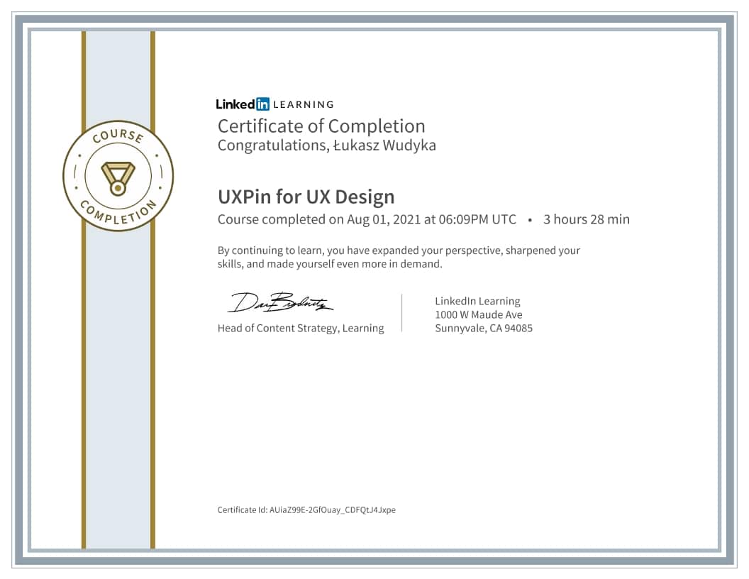 Łukasz Wudyka certyfikat - UXPin for UX Design