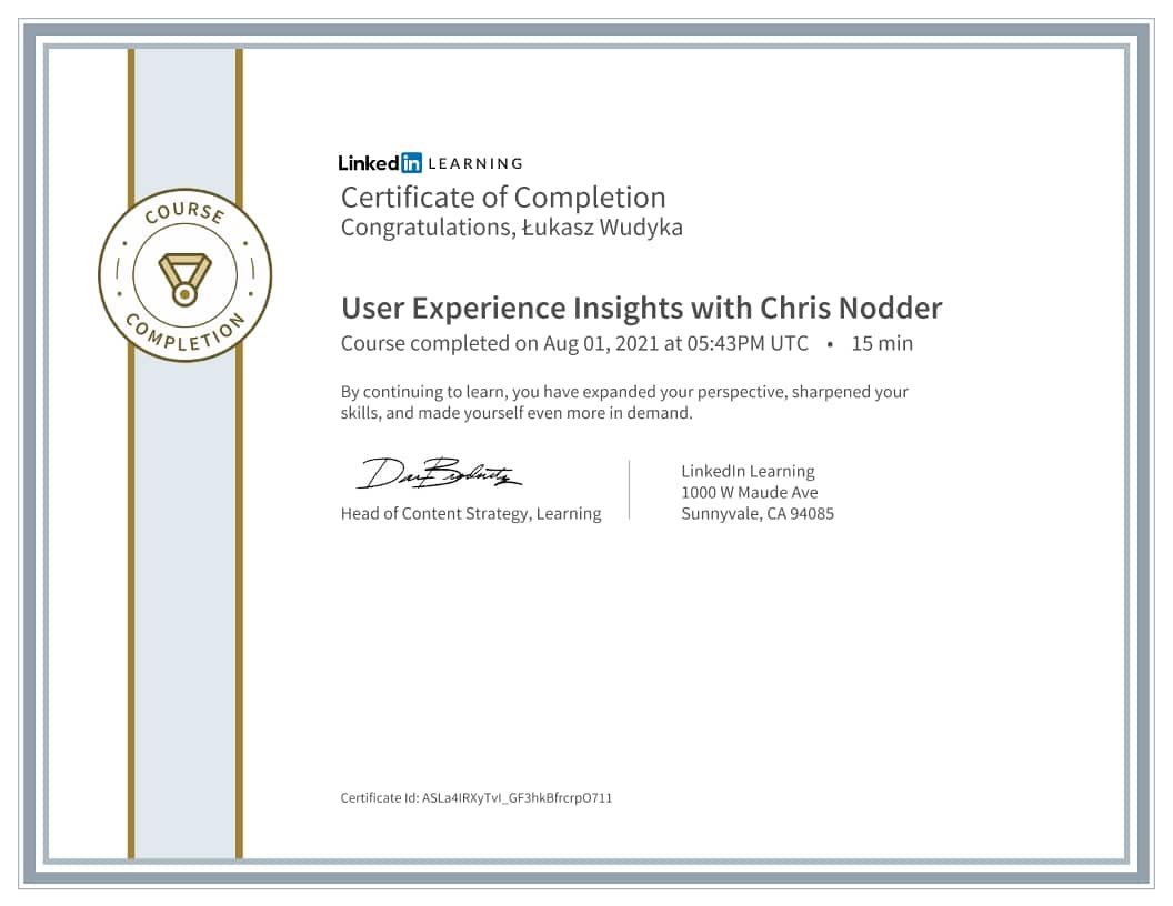 Łukasz Wudyka certyfikat - User Experience Insights with Chris Nodder 1