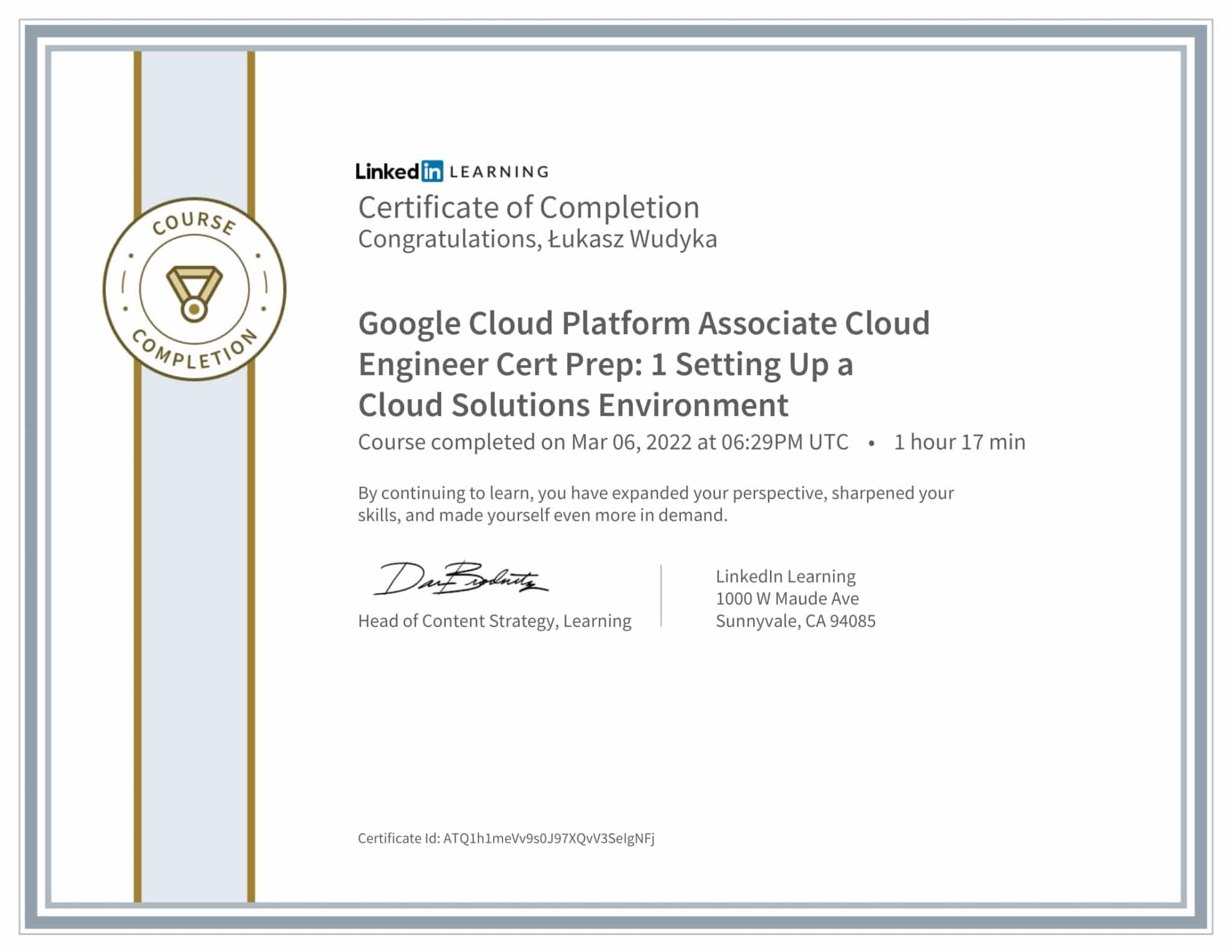 CertificateOfCompletion_Google Cloud Platform Associate Cloud Engineer Cert Prep 1 Setting Up a Cloud Solutions Environment-1