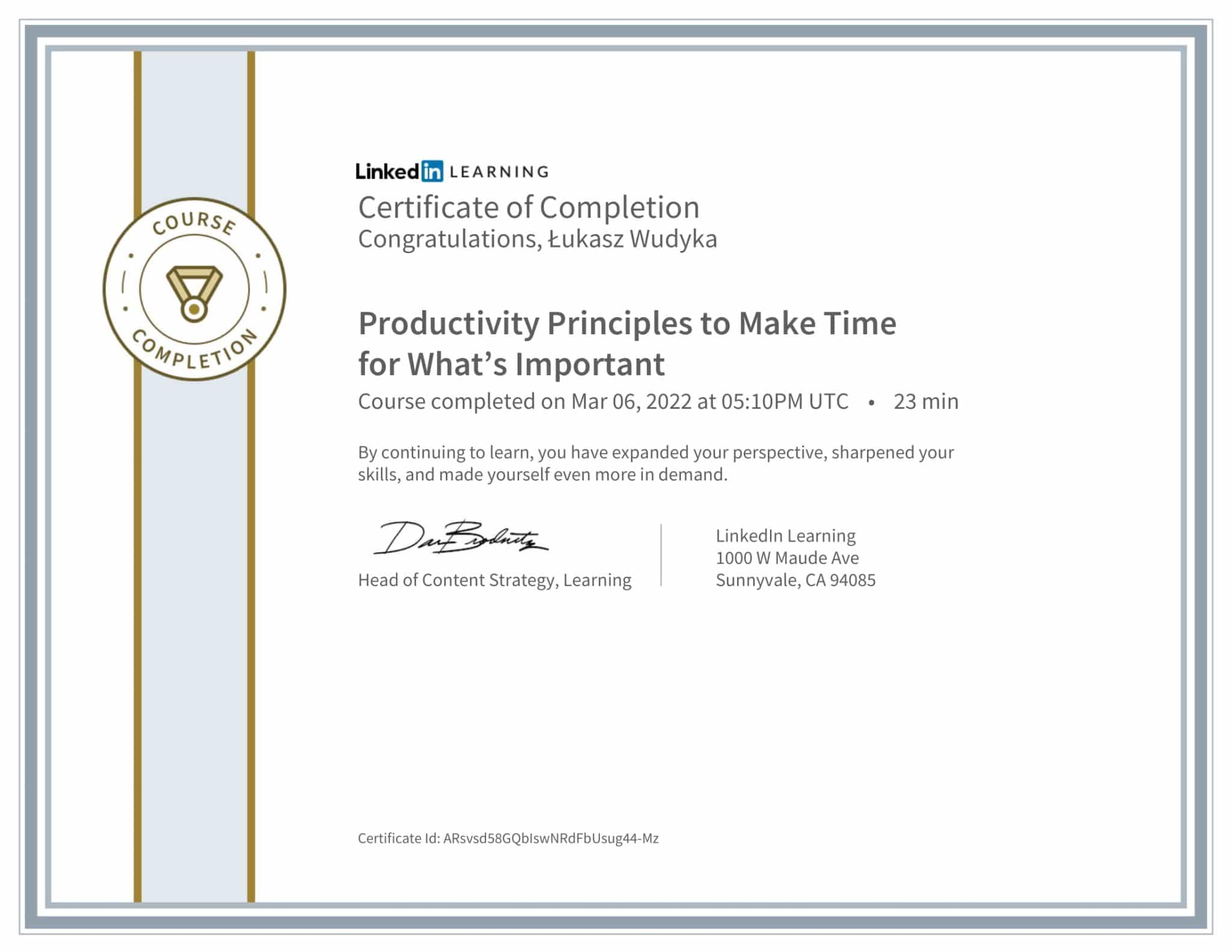 CertificateOfCompletion_Productivity Principles to Make Time for Whats Important-1