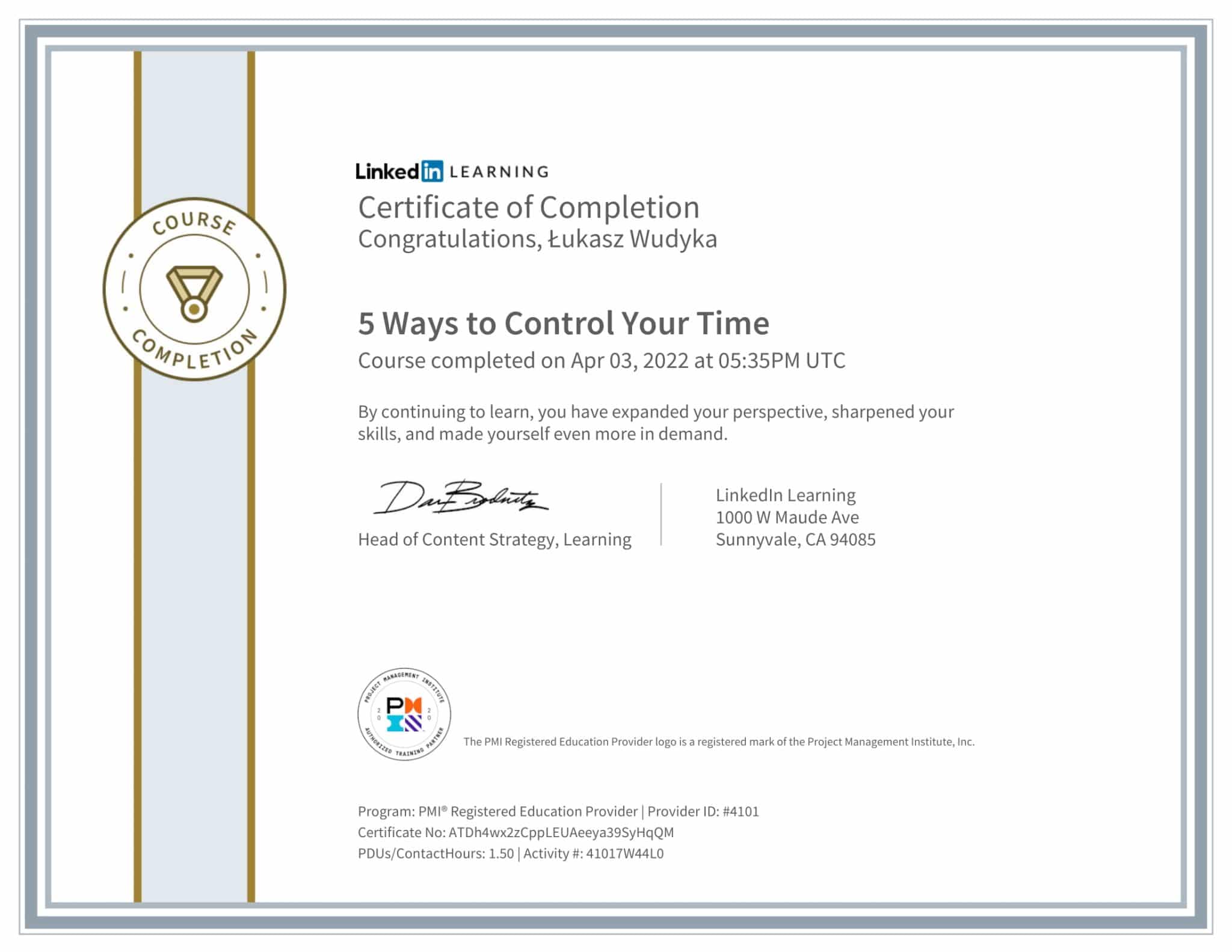 CertificateOfCompletion_5 Ways to Control Your Time-1