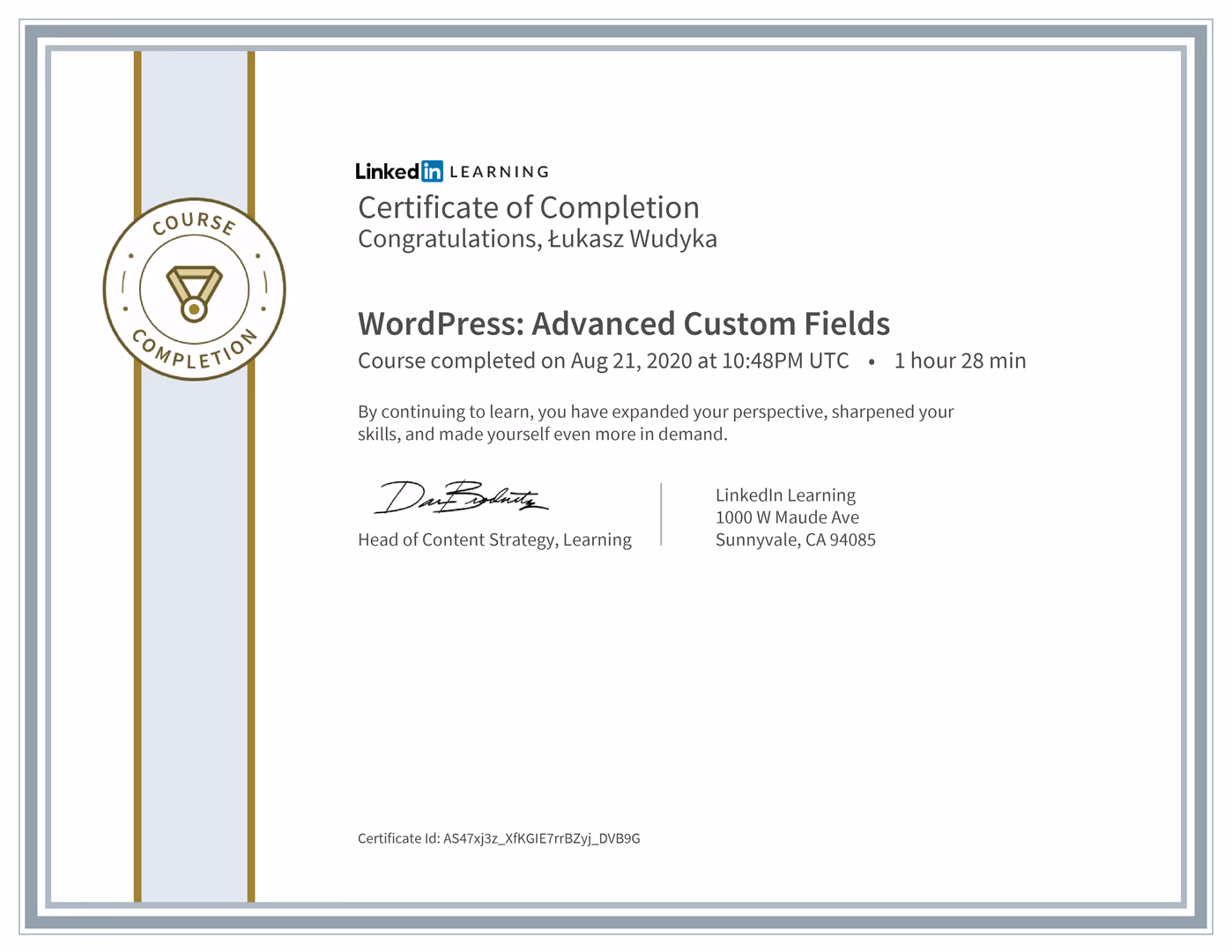 Certyfikat Wordpress Łukasz Wudyka
