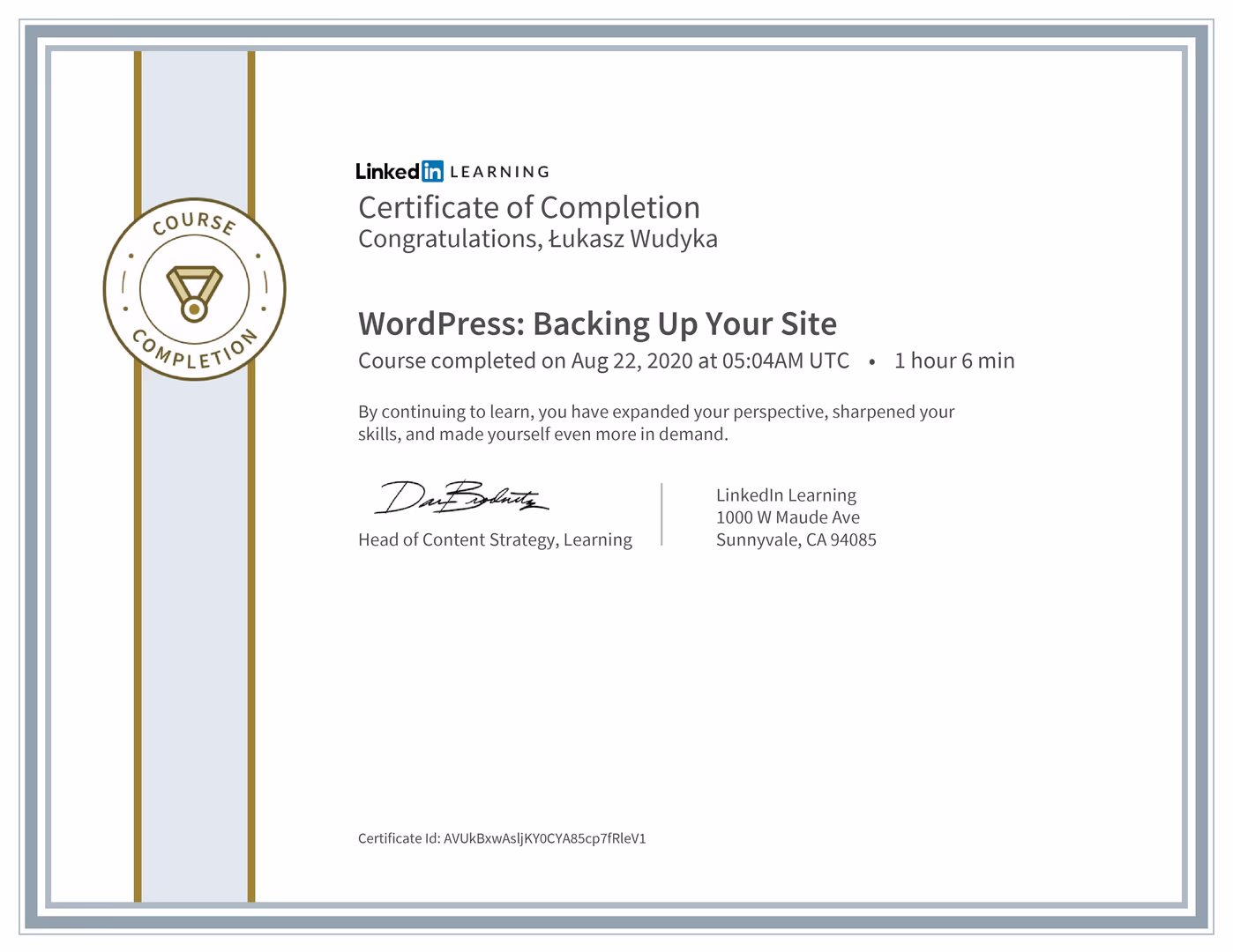 Certyfikat Wordpress Łukasz Wudyka