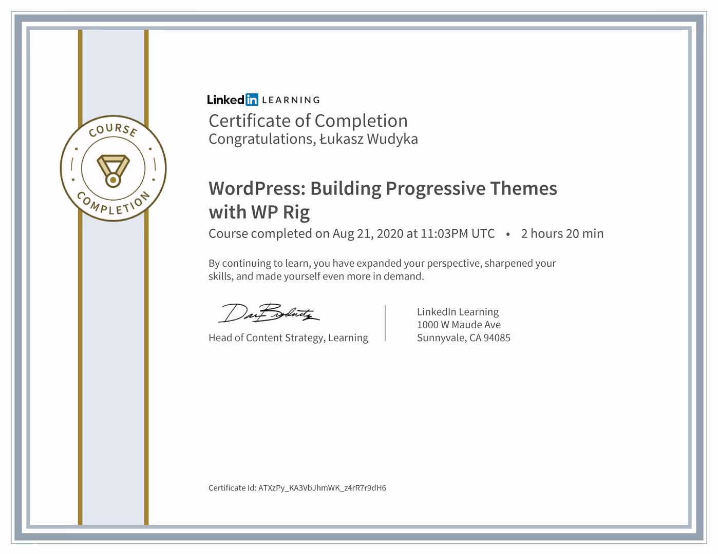 Certyfikat Wordpress Łukasz Wudyka