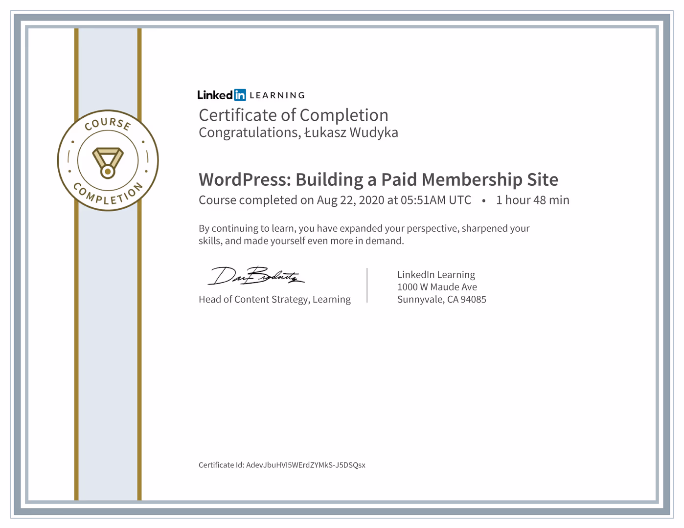 Certyfikat Wordpress Łukasz Wudyka