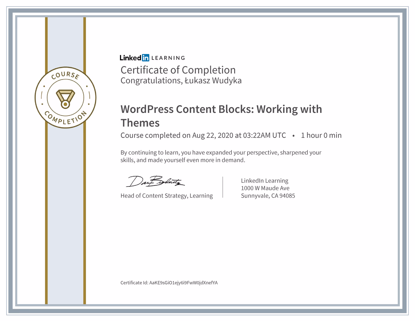 Certyfikat Wordpress Łukasz Wudyka