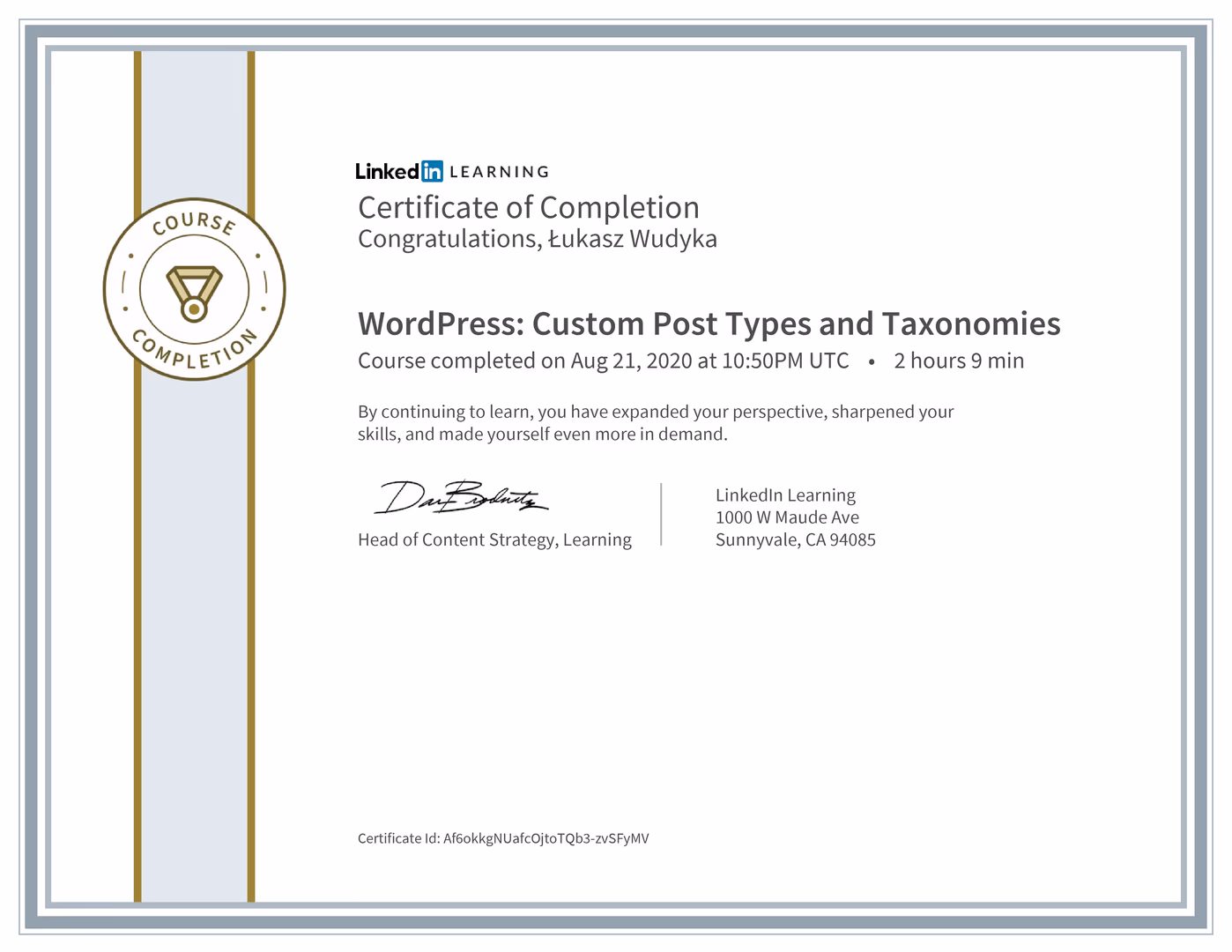 Certyfikat Wordpress Łukasz Wudyka