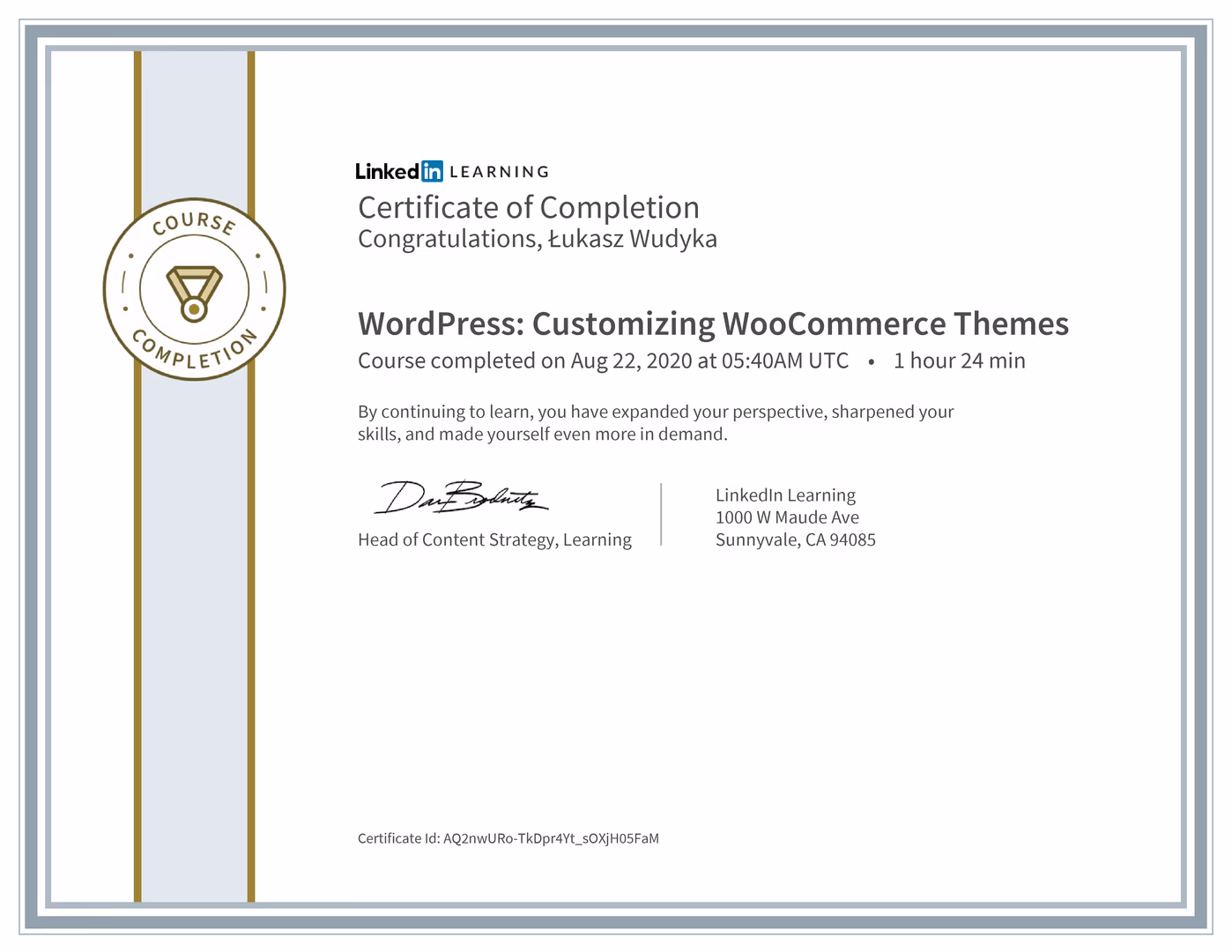 Certyfikat Wordpress Łukasz Wudyka