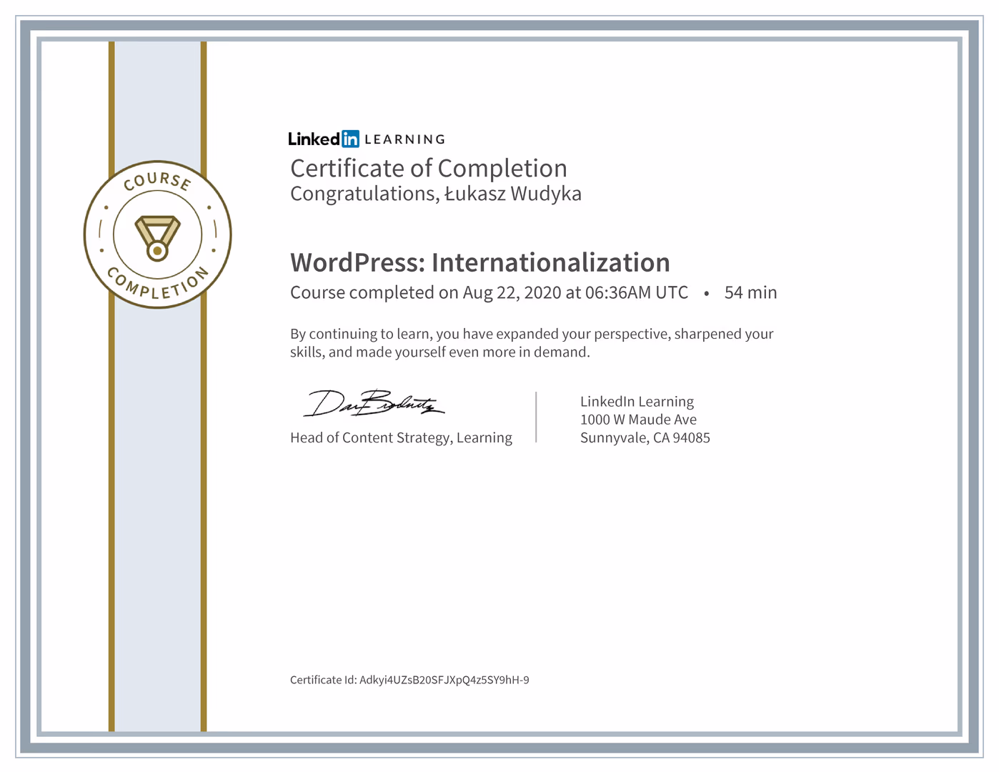 Certyfikat Wordpress Łukasz Wudyka