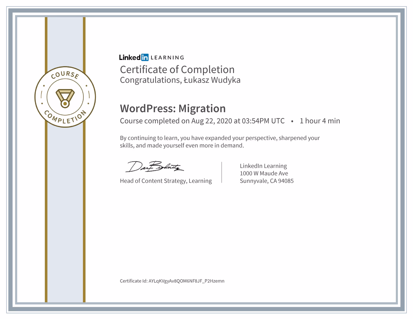 Certyfikat Wordpress Łukasz Wudyka