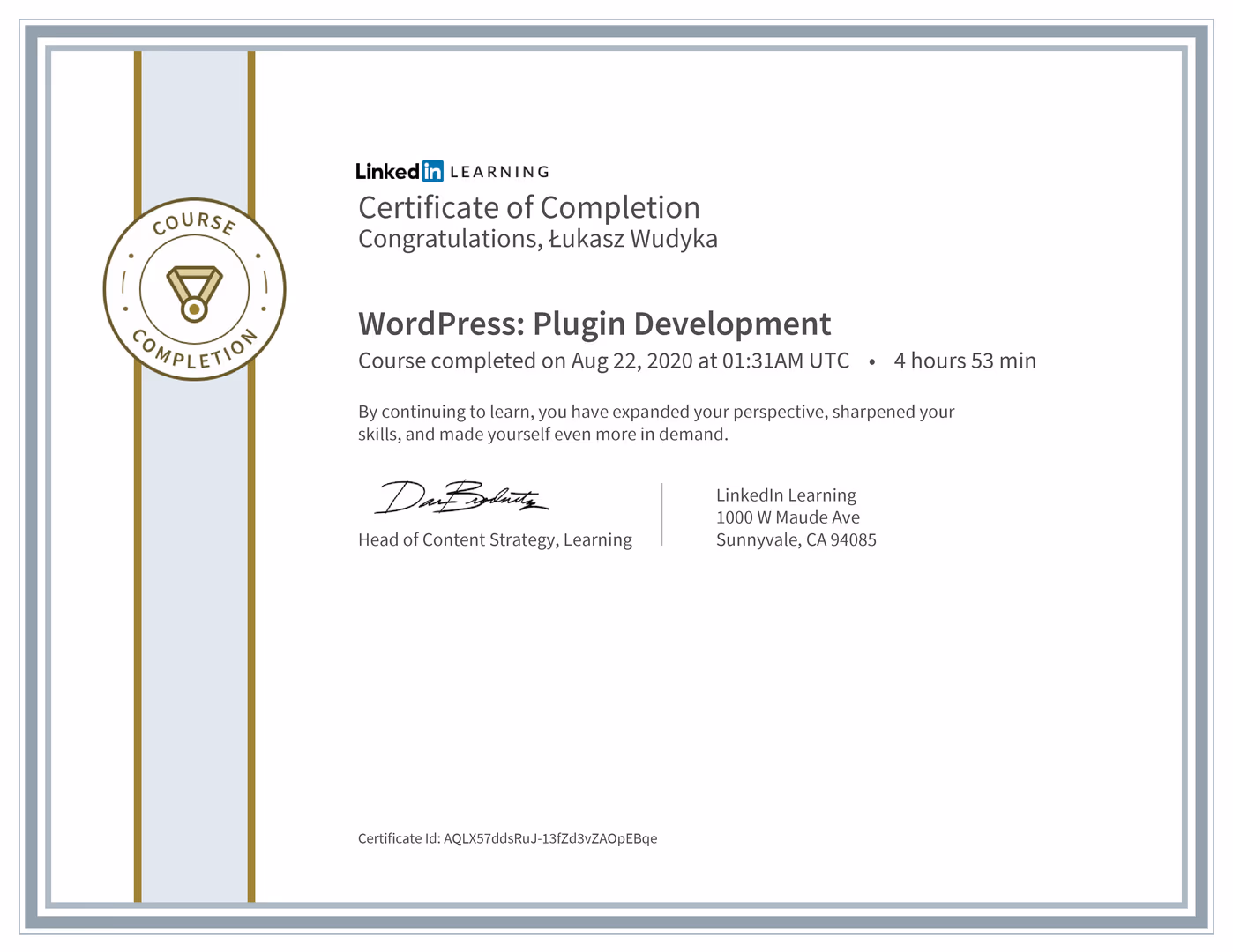 Certyfikat Wordpress Łukasz Wudyka