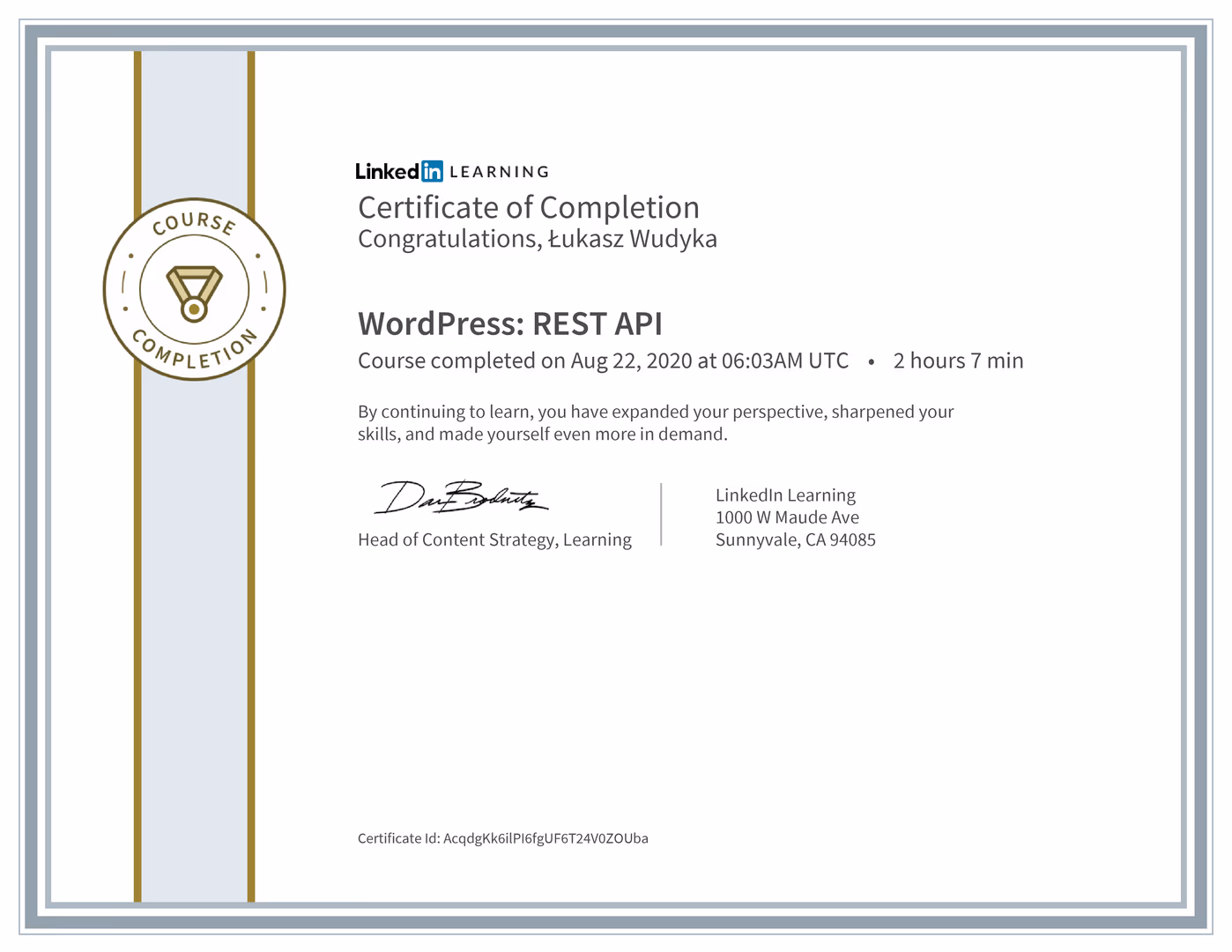 Certyfikat Wordpress Łukasz Wudyka