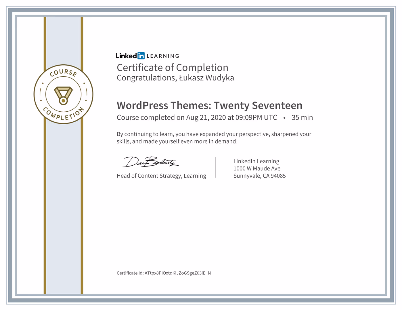 Certyfikat Wordpress Łukasz Wudyka